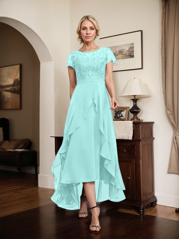 Vestido de madre de la novia de gasa asimétrica con escote en A, ilusión, encaje, lazo, volante y lentejuelas