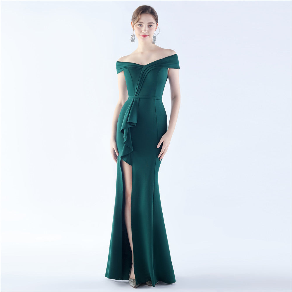 Classic Satin Off Shoulder Long Evening Dress – Elegant & Timeless