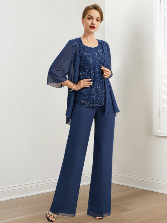 Chiffon-Hosenanzüge für die Mutter der Braut mit Pailletten und Jacke 