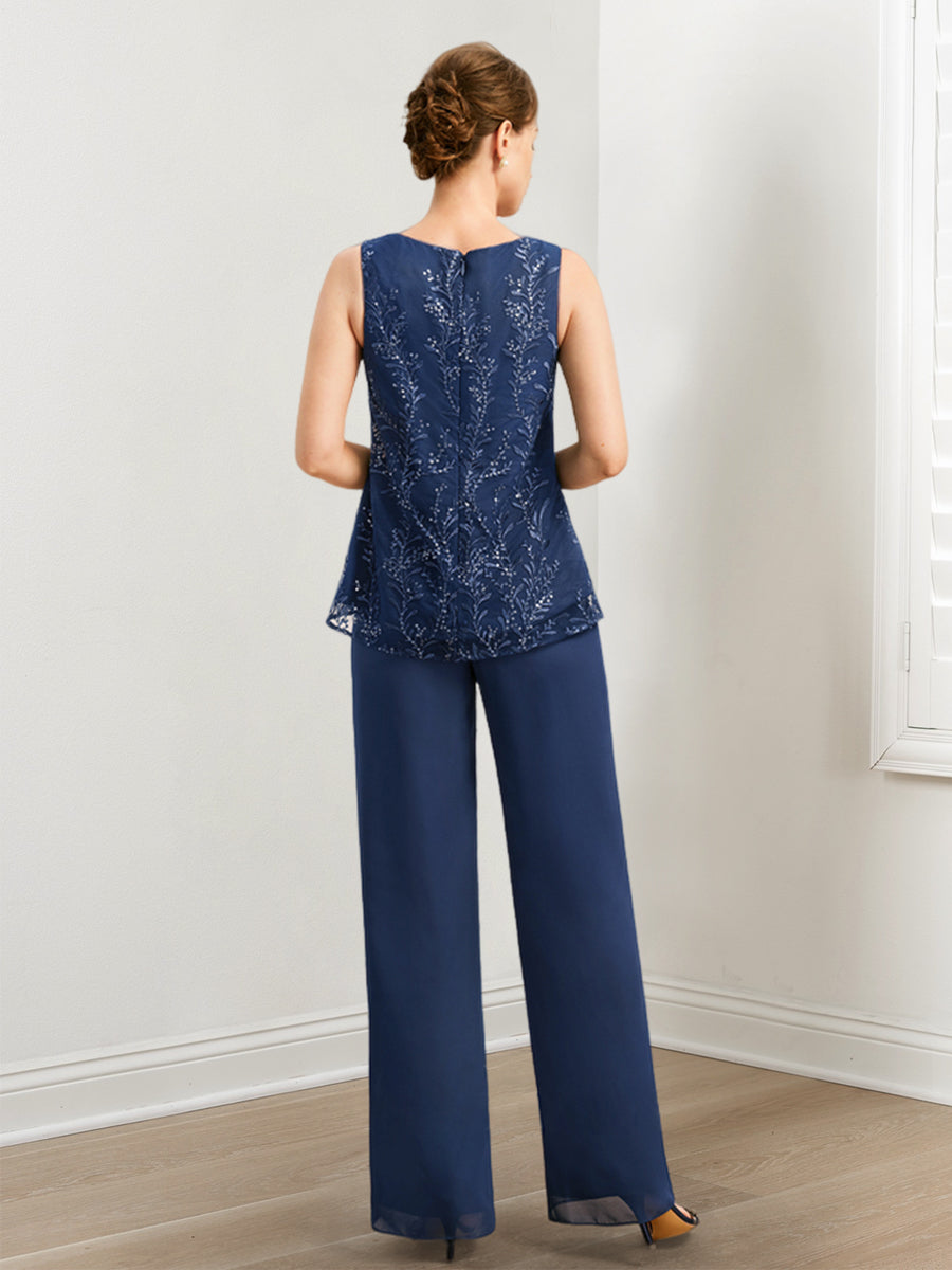 Trajes de pantalón de gasa para madre de la novia con lentejuelas y chaqueta