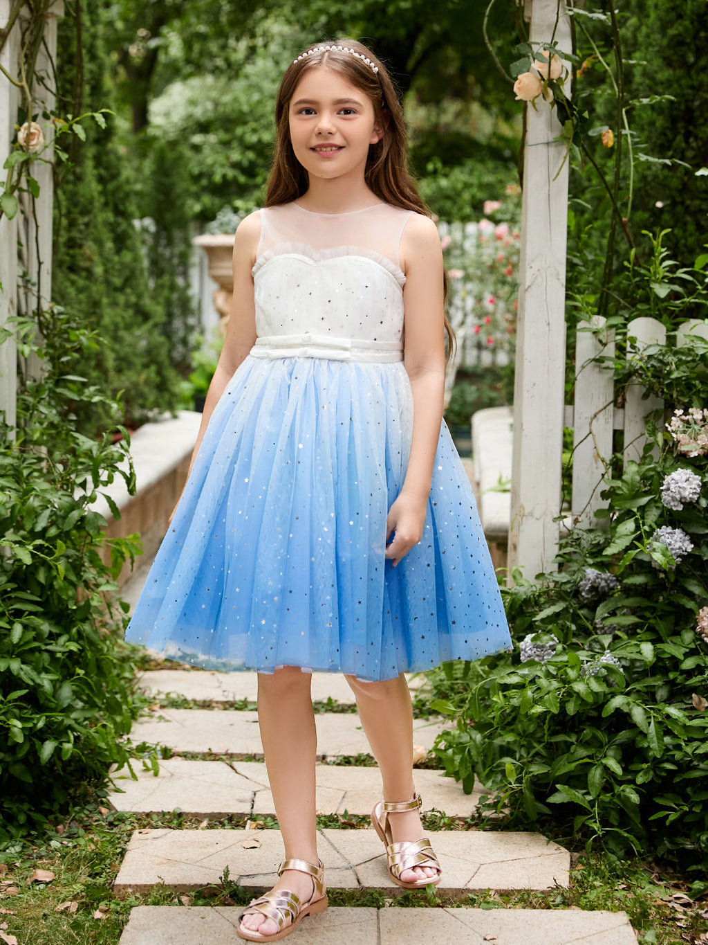 Vestido de fiesta/princesa de tul azul hasta la rodilla para niña de las flores