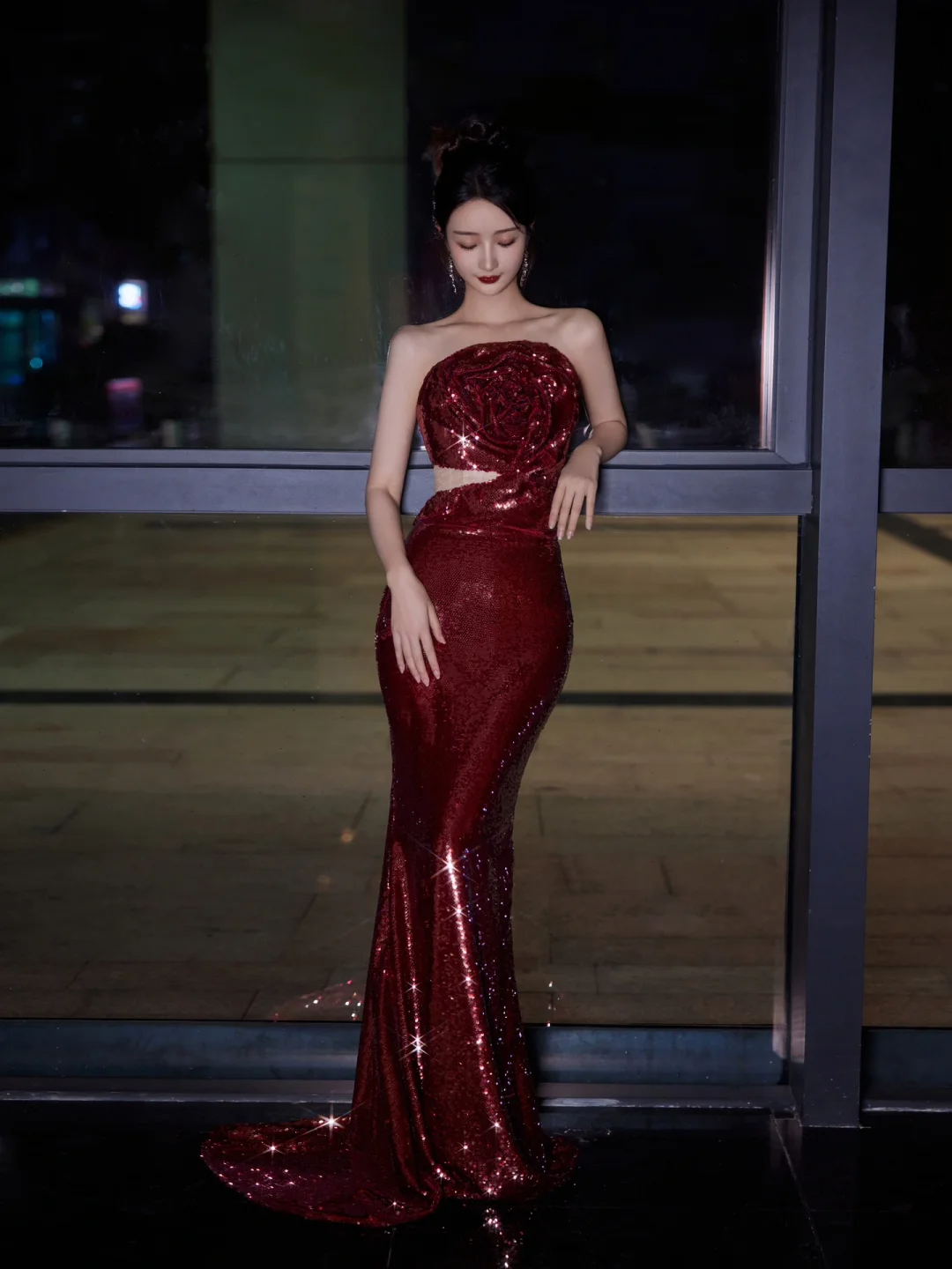 Vestido de fiesta burdeos sin tirantes con lentejuelas y rosas, vestido de noche largo estilo sirena Y8595