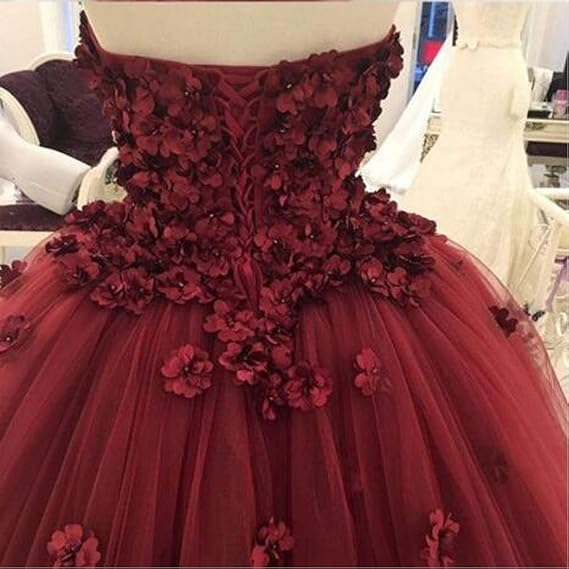 Charmantes trägerloses Ballkleid aus burgunderrotem Tüll mit Handblumen Y1218