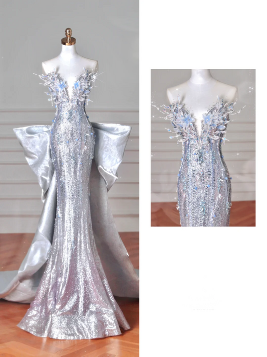 Vestido de noche largo estilo sirena con lentejuelas plateadas y cuentas 3D, de lujo, con lazo, Y8640