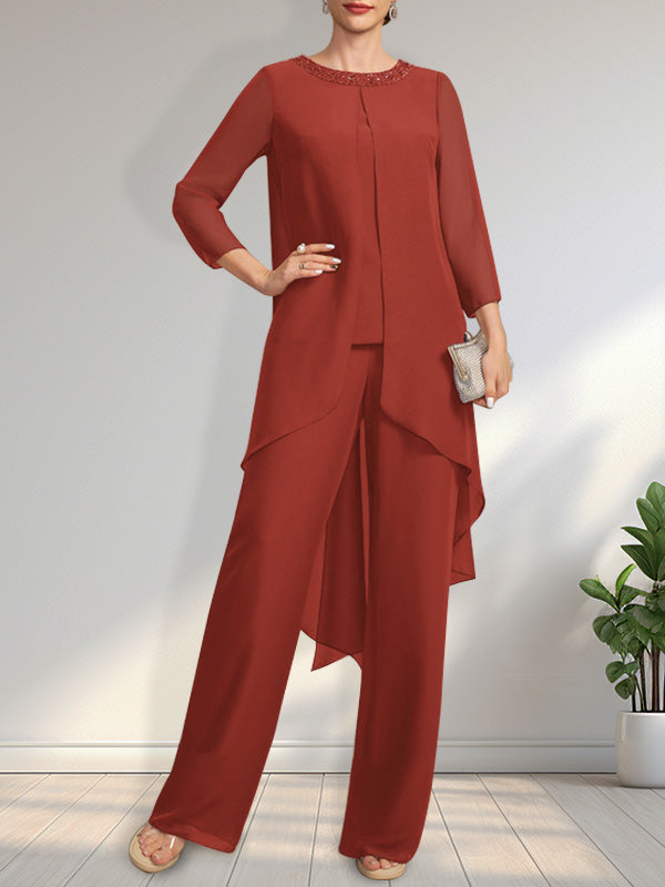 Vestido de gasa para madre de la novia con lentejuelas y abalorios, largo hasta el suelo y mono/pantalón separado