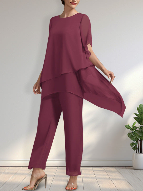 Vestido de gasa para madre de la novia, con escote redondo y largo hasta los tobillos, de mono/pantalón separado