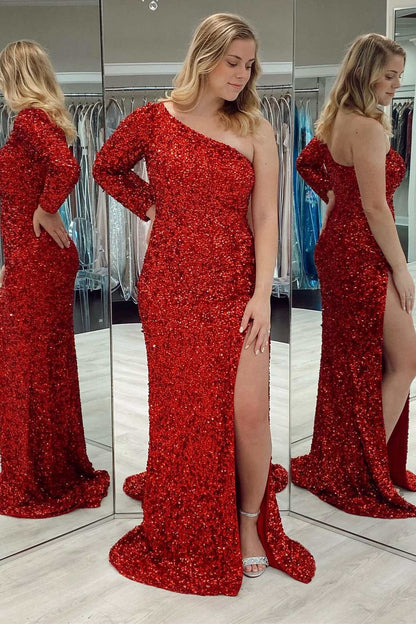 Langes Abendkleid mit One-Shoulder-Träger und langen Ärmeln in Tiffany-Blau mit Pailletten