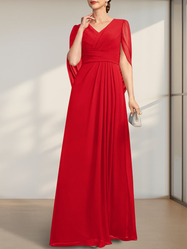 Vestido de gasa para madre de la novia con escote en V, largo hasta el suelo, con pliegues