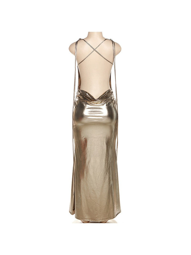 Metallic Coated Deep Neck Backless Evening Dress