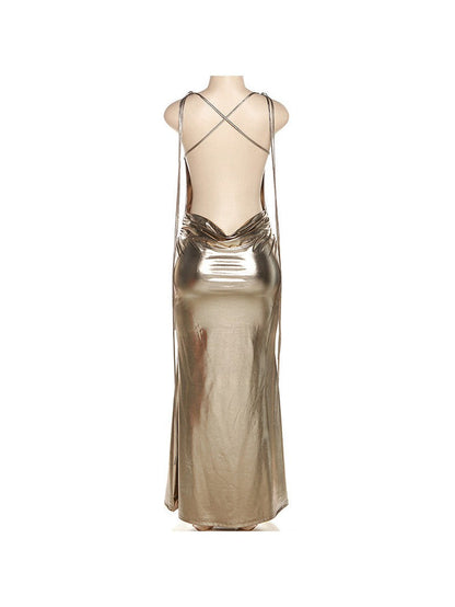 Metallic Coated Deep Neck Backless Evening Dress