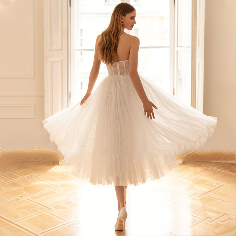 Romantic Strapless Sleeveless A-line Wedding Dress Sexy Backless Short Robe De Soirée Elegant Tulle Bow Bridal Gown-payinti