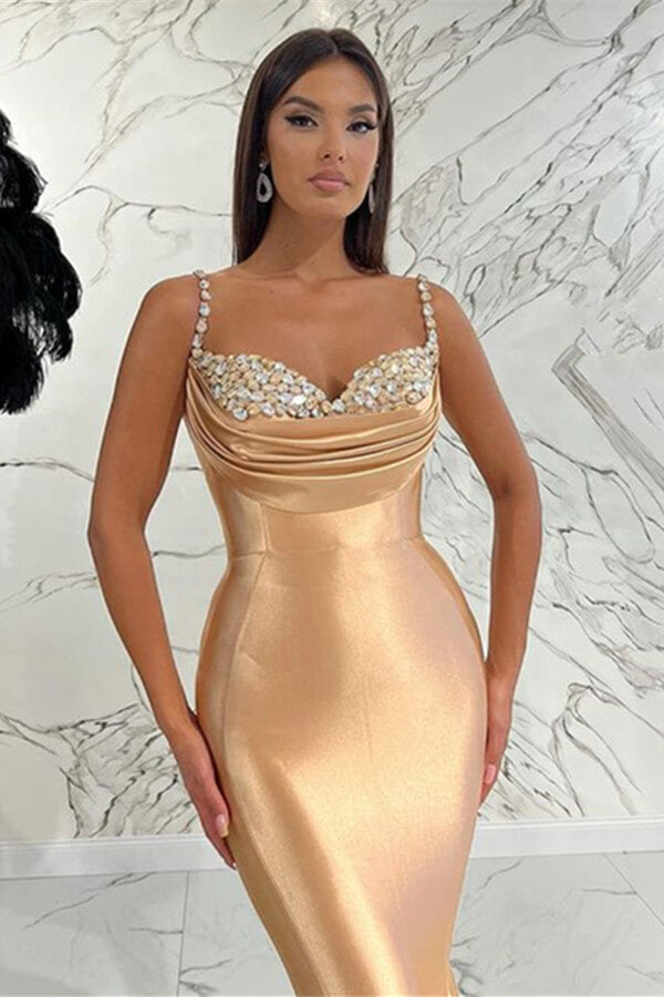 Langes Meerjungfrau-Abendkleid aus Satin mit Spaghettiträgern und Herzausschnitt