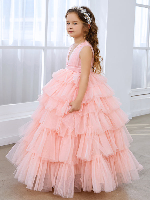 Vestido de fiesta/princesa rosa perla sin mangas con lazo de tul para niña de las flores