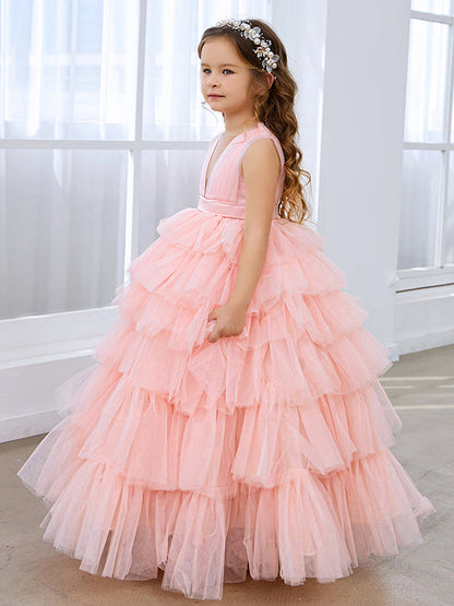 Vestido de fiesta/princesa rosa perla sin mangas con lazo de tul para niña de las flores