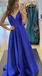 Vestido de noche de satén azul rey con escote en V y corte A, vestido de graduación Y433