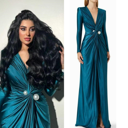V-neck Long Sleeves Formal Evening Dress Pearls Ruched Floor-length Elegant Women Wedding Party Dresses For Prom-payinti