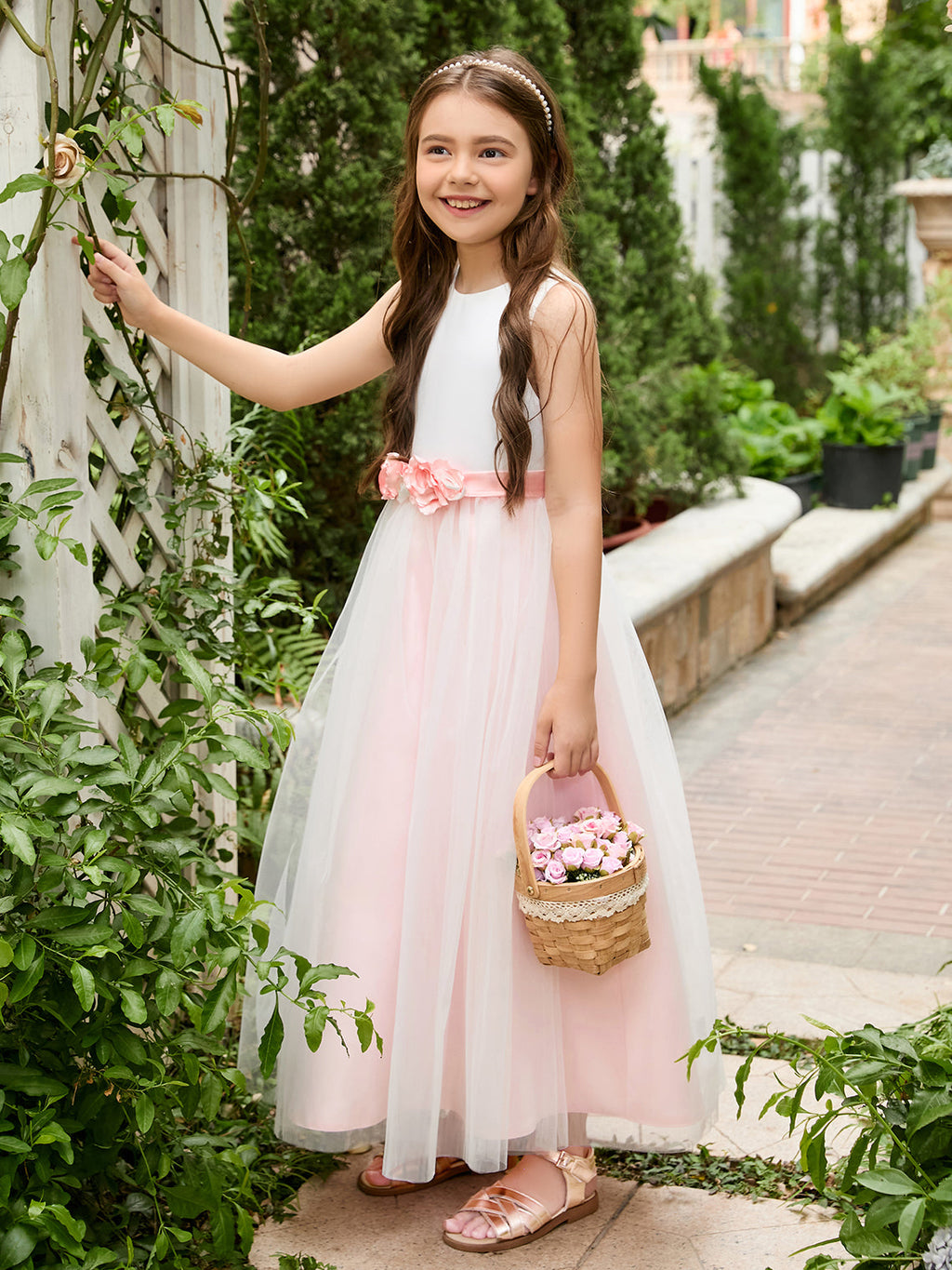 Vestido de niña de las flores de tul satinado con flores 3D hasta los tobillos