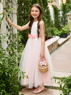 Vestido de niña de las flores de tul satinado con flores 3D hasta los tobillos