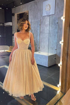Glitter A-line Sweetheart Tulle Prom Dress with Straps