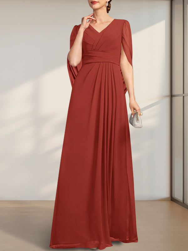 Vestido de gasa para madre de la novia con escote en V, largo hasta el suelo, con pliegues
