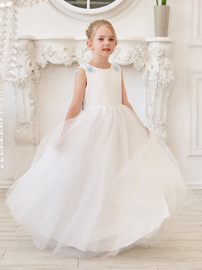 Vestido de fiesta/princesa con flores 3D de tul hasta el suelo color marfil para niña de las flores
