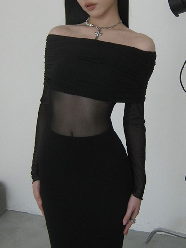 Long Sleeves Skinny Pleated See-Through Solid Color Split-Joint Off-The-Shoulder Evening Dresses Maxi Dresses