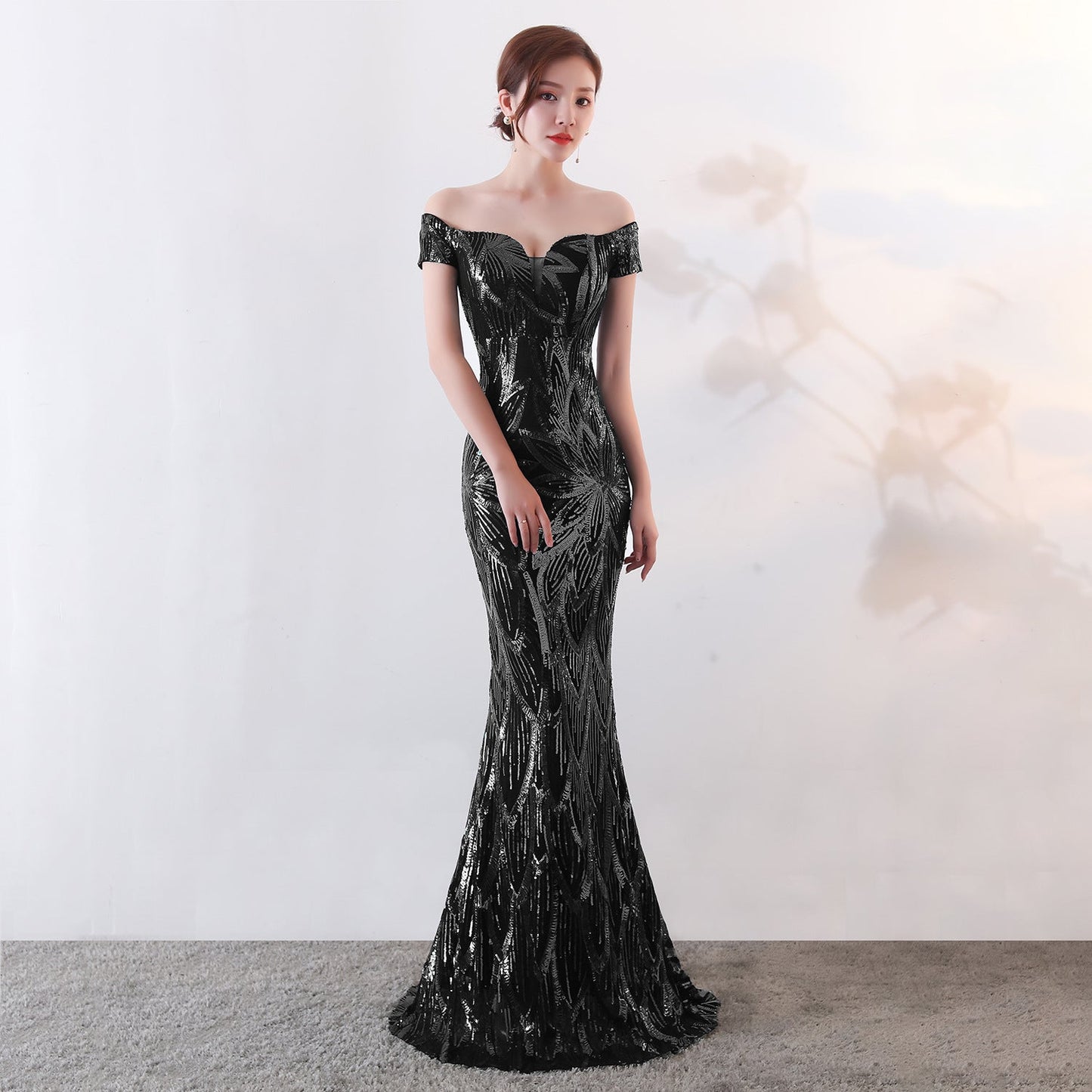 Off the Shoulder Sequined Evening Dress: Long Fish Tail, Slim Fit