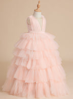 Duchesse-Linie/Princess-Linie Perlenrosa Ärmelloses Tüll-Blumenmädchenkleid mit Schleife (010220814) 