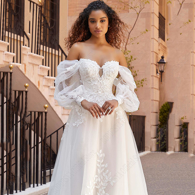 RODDRSYA Beach Wedding Dresses Lace Puff Sleeves Bridal Gowns Princess Off Shoulder Vestido De Novia Appliques Tulle Sweep Train-payinti