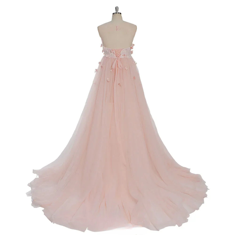 Pink Flower Shoulderless Appliques Maternity Dresses for Photo Shoot Backless Tulle Maxi Dress Sunnderly SY230330