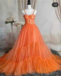 Vestido de noche de tul naranja con tirantes finos, vestido de fiesta sexy Y1243