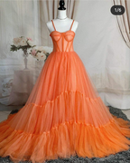 Vestido de noche de tul naranja con tirantes finos, vestido de fiesta sexy Y1243