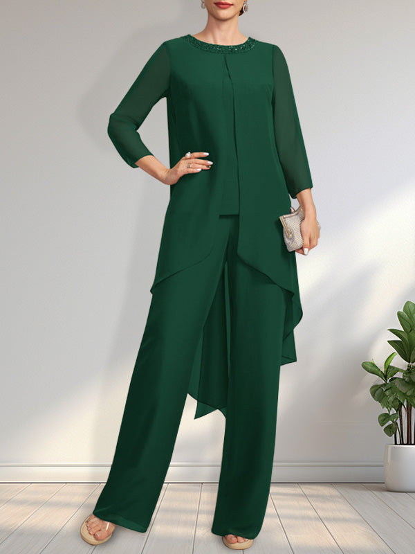 Vestido de gasa para madre de la novia con lentejuelas y abalorios, largo hasta el suelo y mono/pantalón separado