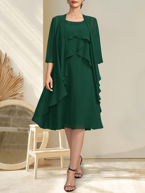 Vestido de gasa para madre de la novia con escote en A y escote redondo hasta la rodilla con cuentas