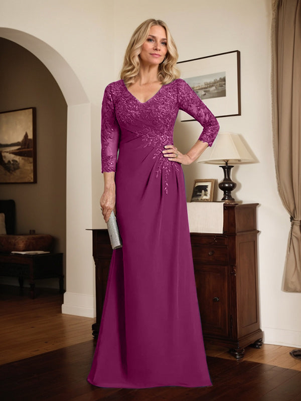 Vestido de madre de la novia de gasa con encaje, escote en V, ilusión, largo hasta el suelo, con lentejuelas plisadas