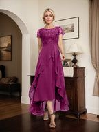 Vestido de madre de la novia de gasa asimétrica con escote en A, ilusión, encaje, lazo, volante y lentejuelas