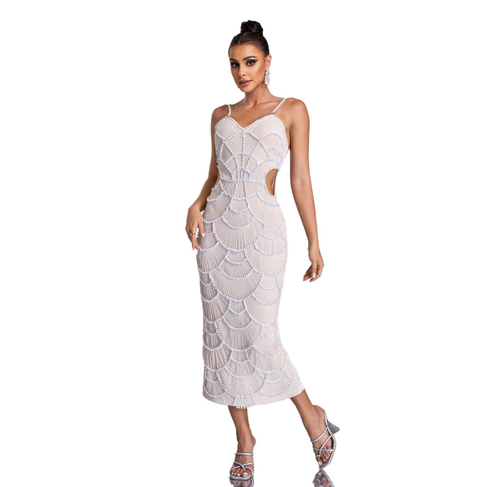 V-Neck Cutout Sequin Beaded Gown – Glamorous Evening Dress