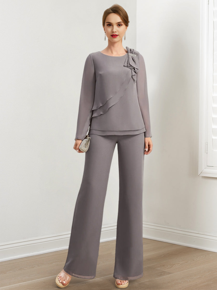 Chiffon-Hosenanzüge für die Mutter der Braut mit Perlen und Rüschen 