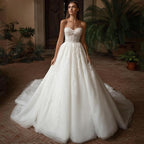 Elegant A-Line Lace Wedding Dresses Luxury Strapless Sweetheart Appliques Bridal Gown Sweep Train Vestido De Noiva-payinti