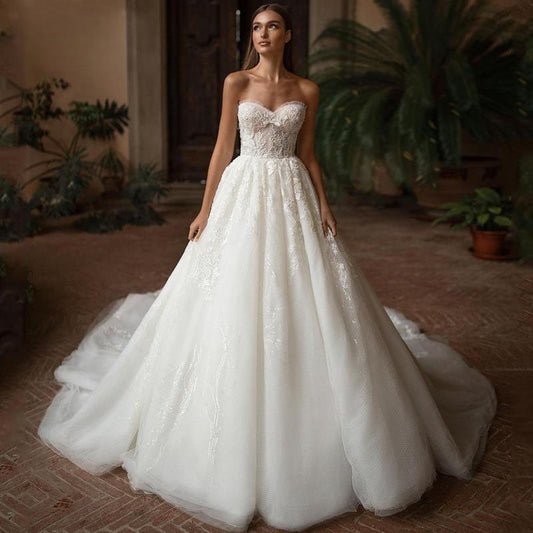 Elegant A-Line Lace Wedding Dresses Luxury Strapless Sweetheart Appliques Bridal Gown Sweep Train Vestido De Noiva-payinti