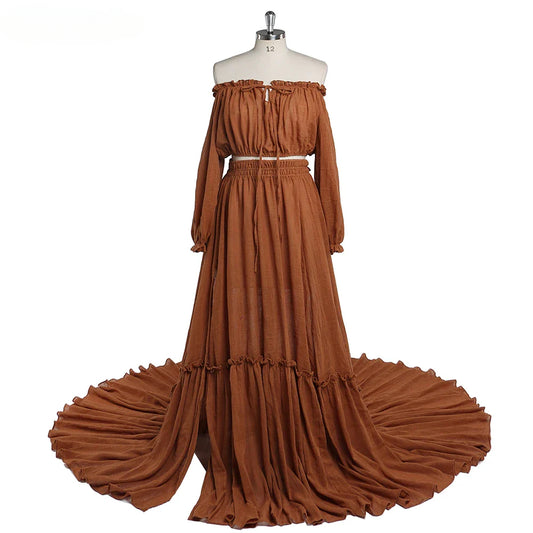Two Pieces Gown Maternity Dresses Long Sleeves Side Slit Photography Dress Cotton Maxi Dress YEWEN SY211229