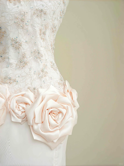 Elegante vestido de noche de satén rosa claro con encaje, lentejuelas y cuentas, corte sirena, vestido de fiesta Y8672