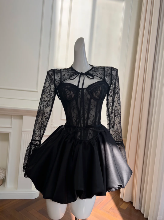 Sexy Schwarzes Spitzensatin A-Linie Homecoming-Kleid Kurzes Ballkleid Y8590