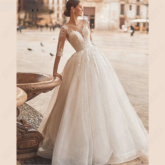 Scoop-Neck Wedding Dress Illusion Back Bridal Gown A-line Tulle Bride Party 3/4 Sleeve Lace Applique Vestido De Noiva-payinti