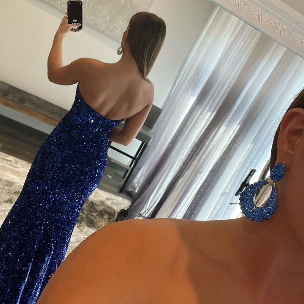 Long Strapless Sequins Mermaid Prom Dress with Split