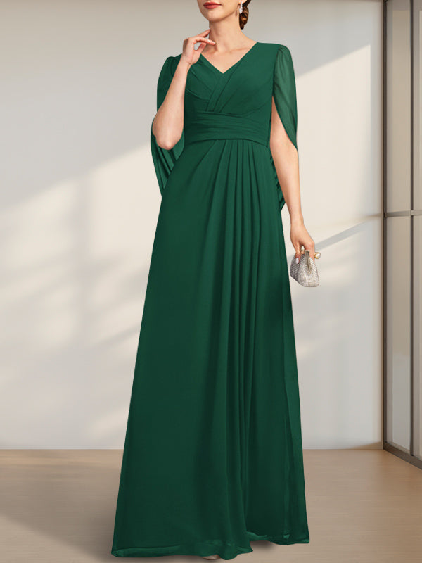 Vestido de gasa para madre de la novia con escote en V, largo hasta el suelo, con pliegues