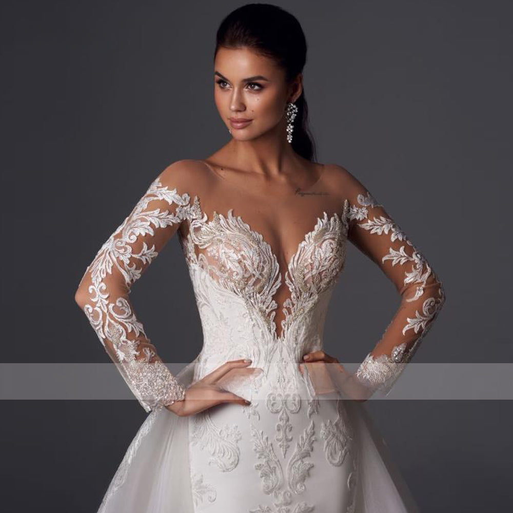 Loverxu Mermaid Vintage Wedding Dresses 2023 Sweetheart Long Sleeve Vestido De Novia Appliques Detachable Train Robe De Mariee-payinti
