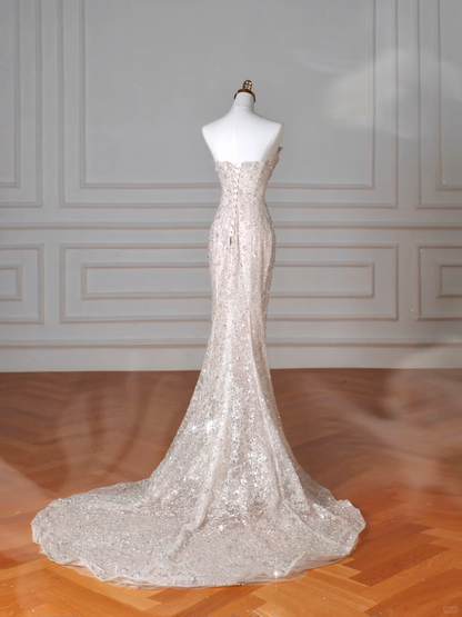 Glitzerndes trägerloses Tüll-Pailletten-Meerjungfrauen-Ballkleid, langes Abendkleid Y8616