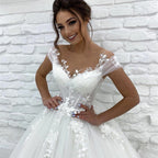 Princess Lace Tulle A Line Wedding Dress Sweetheart Cap Sleeve 3D Appliques Boho Bridal Gowns For Woman Button Vestidos De Novia-payinti