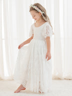 A-Linien-Spitze Knöchellanges Elfenbein Boho Blumenmädchenkleid 